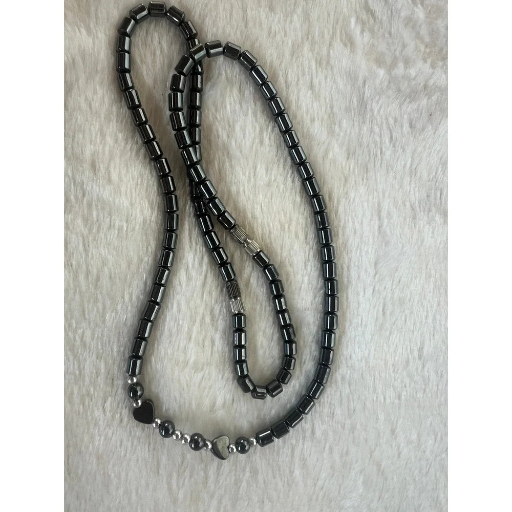 Hematite Bead Necklace Y2K Goth 20" Black Heart Silver Tone Minimalist Necklace - Picture 11 of 13